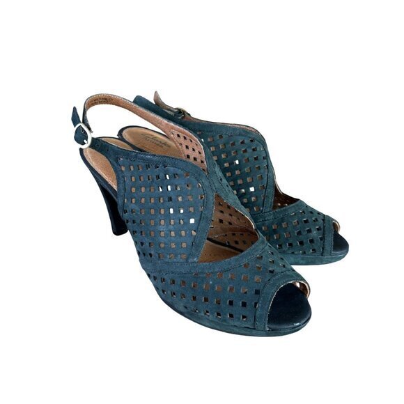 Clarks Artisan Wessex Shay Pump‎ Black Laser Cut Peep Toe Heel Womens 10 - Picture 1 of 10